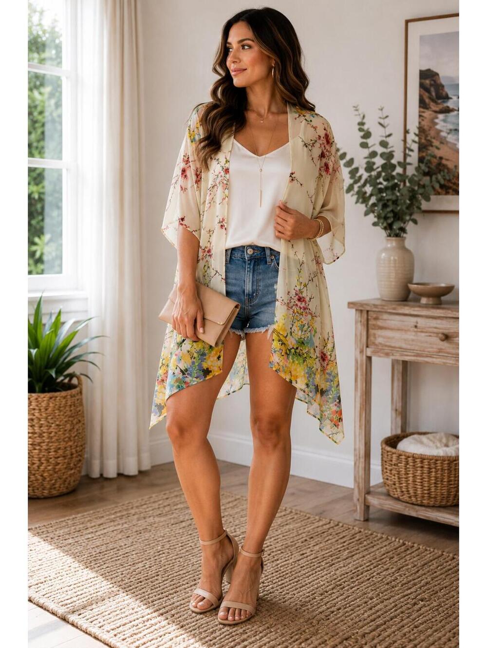 Pinky Floral Watercolor Sheer Kimono Cover Up Boho Festival Cardigan
